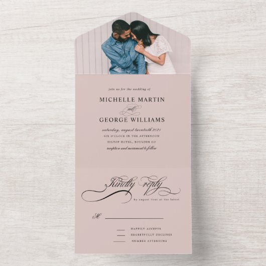 Invitation Tout En Un élégant calligraphie blush (pas d'ENV nécessaire) (À l'intérieur)