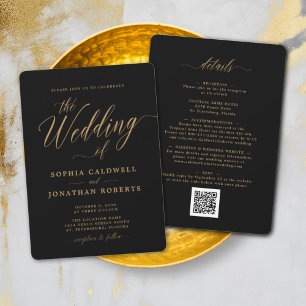Invitation Tout en Un Élégant Calligraphie Or Noir Mariage