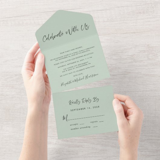 Invitation Tout En Un Elégant Célébrer Avec Nous Sage Mariage Réception (Déchirure)