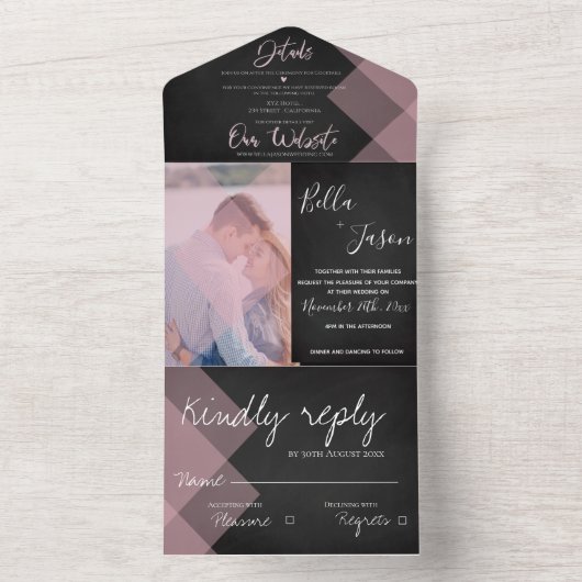 Invitation Tout En Un Elégant Chalkboard Pastel Monogram Mariage photo (À l'intérieur)
