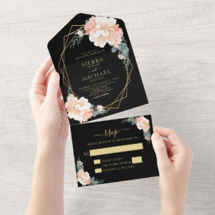 Invitation Tout En Un Élégant Chic Black Blush Gold Peach Floral Mariage