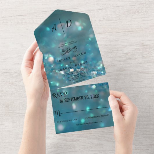 Invitation Tout En Un Elégant chic bleu parties scintillant Mariage All (Déchirure)