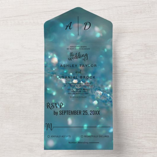 Invitation Tout En Un Elégant chic bleu parties scintillant Mariage All  (À l'intérieur)