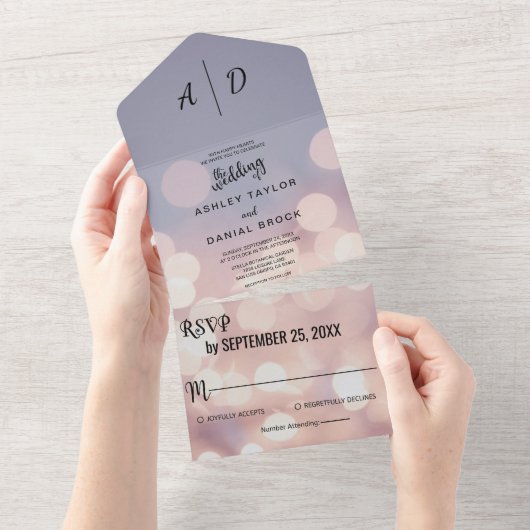 Invitation Tout En Un Élégant chic bokeh lumières classe Mariage All In (Déchirure)