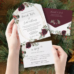 Invitation Tout En Un Elegant Christmas Burgundy Winter Wedding<br><div class="desc">Ce mariage d'hiver de Noël tout en une invitation est parfait pour un mariage de vacances élégant. Le design présente de belles fleurs d'aquarelle blanche et bordeaux avec une végétation de pins, de baies saintes et d'eucalyptus. Il s'agit d'une palette de couleurs parfaite pour un mariage d'hiver. Faites cette invitation...</div>