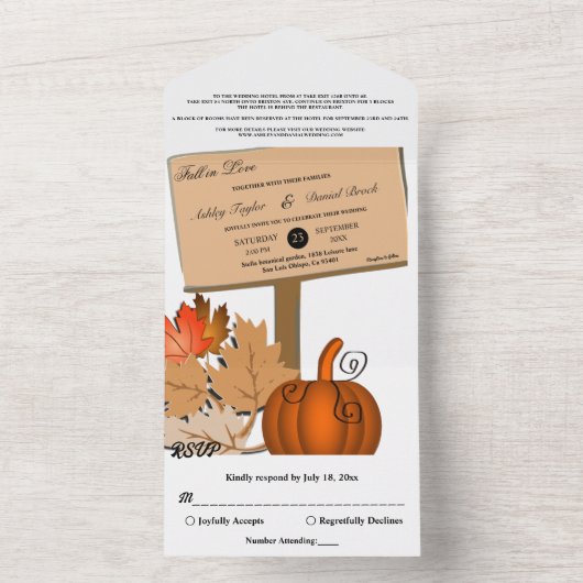 Invitation Tout En Un Élégant Citrouille rustique Automne quitte Mariage (À l'intérieur)