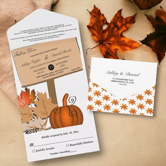 Invitation Tout En Un Élégant Citrouille rustique Automne quitte Mariage