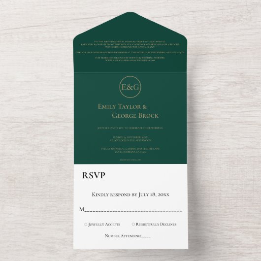 Invitation Tout En Un Élégant Classy Emerald Green Monogram Mariage (À l'intérieur)
