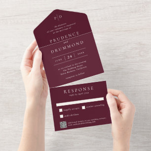 Invitation Tout En Un Élégant Code QR Bordeaux Classique Mariage