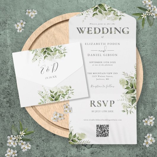 Invitation Tout En Un Élégant Code QR de Mariage Rustique avec Verdure
