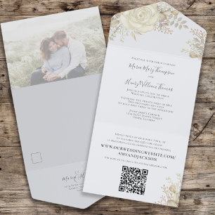 Invitation Tout En Un Élégant Code QR de Photo Fleurale Aquarelle Ivoire