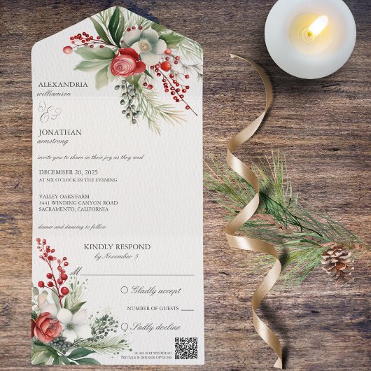 Invitation Tout En Un Elégant Code QR Fleurs d'hiver, Berries et Pins