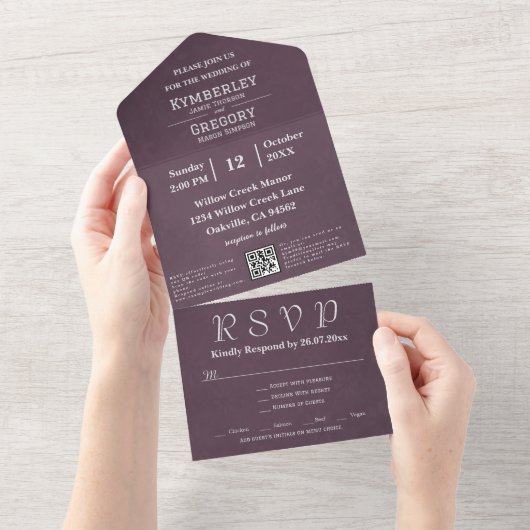 Invitation Tout En Un Elégant Code QR gris aubergine automne (Déchirure)