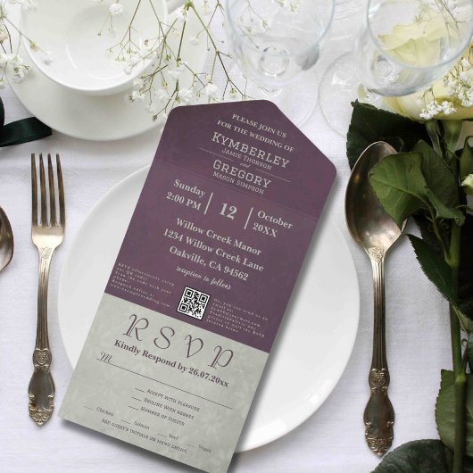 Invitation Tout En Un Élégant Code QR gris Sage Eggplant Automne
