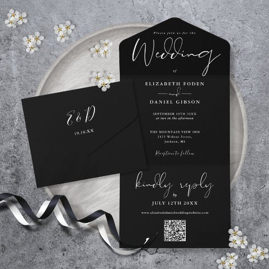 Invitation Tout En Un Élégant Code QR Monogramme Mariage Noir Et Blanc