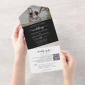 Invitation Tout En Un Élégant Code QR Monogramme Noir Photo Mariage (Déchirure)