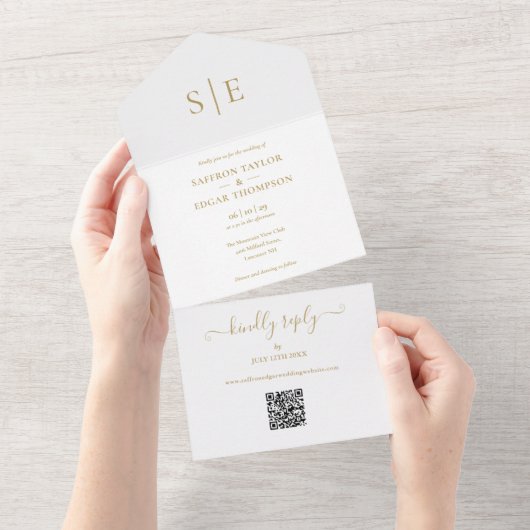 Invitation Tout En Un Élégant Code QR Monogramme Or Mariage (Déchirure)