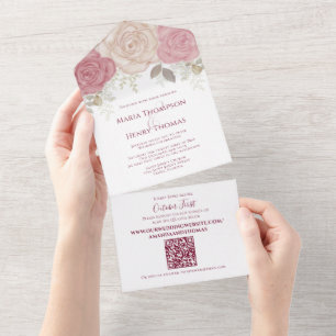 Invitation Tout En Un Elégant code QR Rose d'aquarelle bordeaux