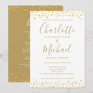 Invitation Tout en Un Élégant Cœurs Dorés Confettis Mariage