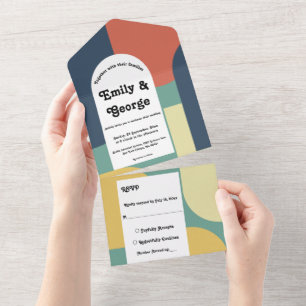 Invitation Tout En Un Élégant coloré Super les années 70 Abstrait Mariag