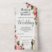 Invitation Tout En Un Élégant Couple rose pâle Mariage Floral été (À l'intérieur)