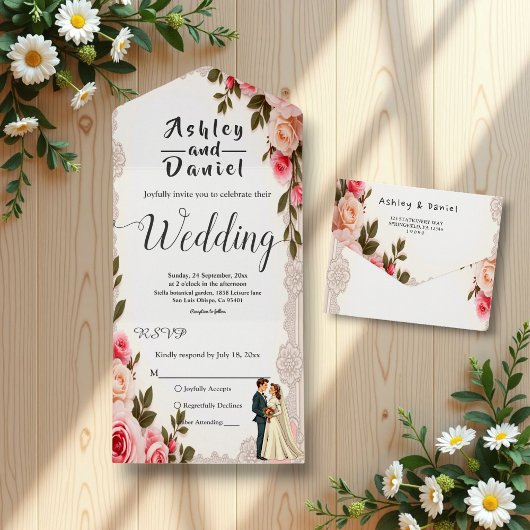 Invitation Tout En Un Élégant Couple rose pâle Mariage Floral été