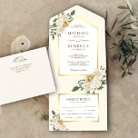 Invitation Tout En Un Elegant Cream and Gold Ivory Floral Wedding<br><div class="desc">Amaze your guests with this beautiful wedding invite featuring lovely flowers and faux gold foil borders with detachable RSVP postcard. Simply add your event details on this easy-to-use template to make it a one-of-a-kind invitation.</div>