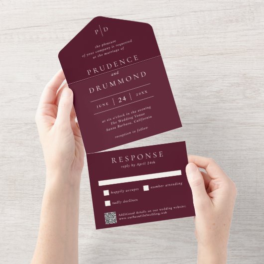 Invitation Tout En Un Elegant Deep Burgundy QR Code Classic Wedding (Déchirure)