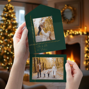 Invitation Tout En Un Élégant Design Vert / Or Moderne Déco Style Photo