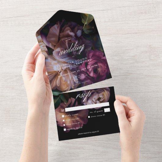 Invitation Tout En Un Élégant dîner Mariage Moody Noir Floral (Déchirure)