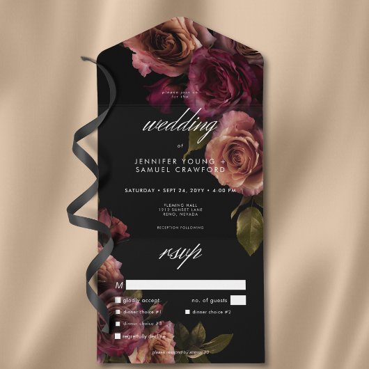 Invitation Tout En Un Elégant dîner Moody Muted Rust & Burgundy Floral