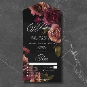 Invitation Tout En Un Elégant dîner Moody Muted Rust & Burgundy Floral
