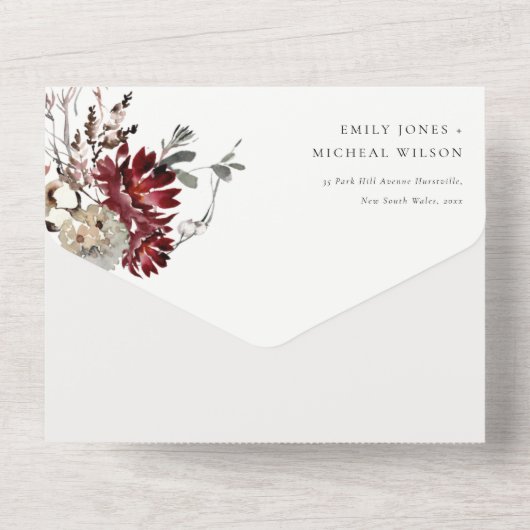 Invitation Tout En Un Élégant Dusky Chaud Winter Festiage Mariage Foliag (Verso)