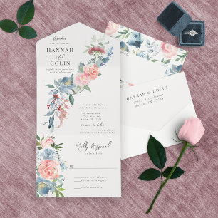 Invitation Tout En Un Elégant Dusty Blue et Rose Floral Swag