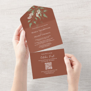 Invitation Tout En Un Elegant Dusty Blue Floral QR Code Wedding Budget