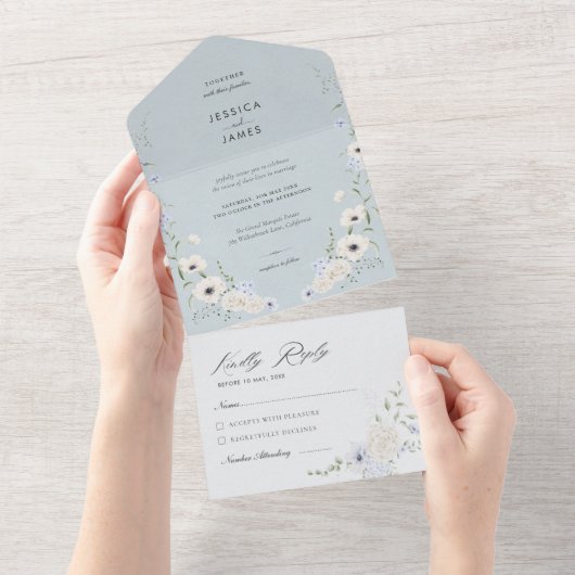 Invitation Tout En Un Elegant Dusty Blue Floral Wedding (Déchirure)
