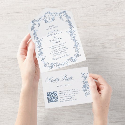 Invitation Tout En Un Elégant Dusty Blue French Garden Code QR Mariage (Déchirure)