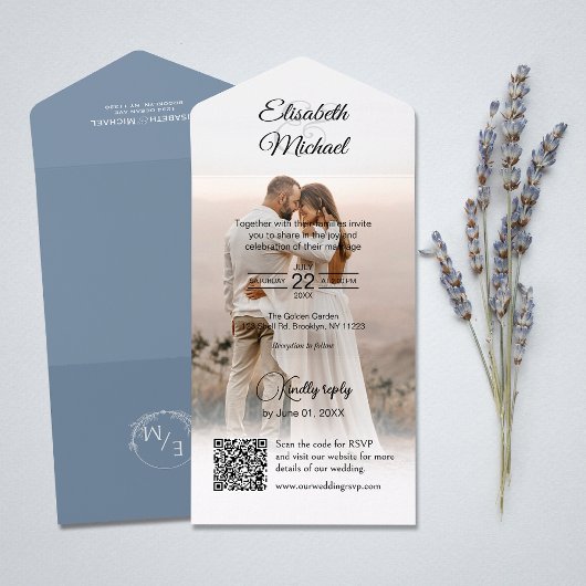 Invitation Tout En Un Elégant Dusty Blue QR Code Mariage photo