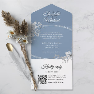 Invitation Tout En Un Elégant Dusty Blue QR Code Monogramme Mariage RSVP