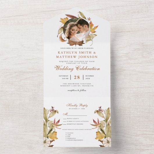 Invitation Tout En Un Elégant Dusty Brown Autumn Foliage Mariage de auto (À l'intérieur)