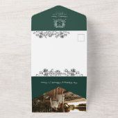 Invitation Tout En Un Élégant Emerald Green Black Vintage Crest QR Code (Dehors)