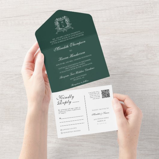 Invitation Tout En Un Élégant Emerald Green Black Vintage Crest QR Code (Déchirure)