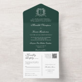 Invitation Tout En Un Élégant Emerald Green Black Vintage Crest QR Code (À l'intérieur)