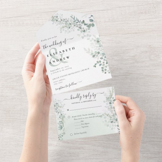 Invitation Tout En Un Elégant Eucalyptus Botanique Sage QR Code Mariage (Déchirure)