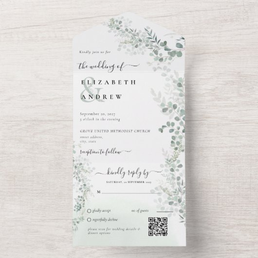 Invitation Tout En Un Elégant Eucalyptus Botanique Sage QR Code Mariage (À l'intérieur)