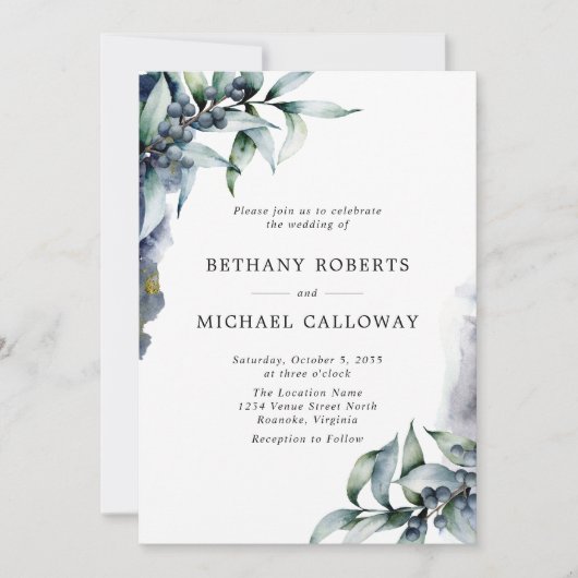 Invitation Tout en un Élégant Eucalyptus et Berry Mariage (Devant)
