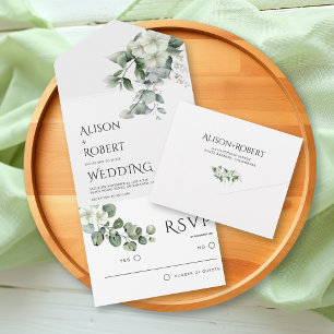 Invitation Tout En Un Elégant eucalyptus et fleurs blanches mariage