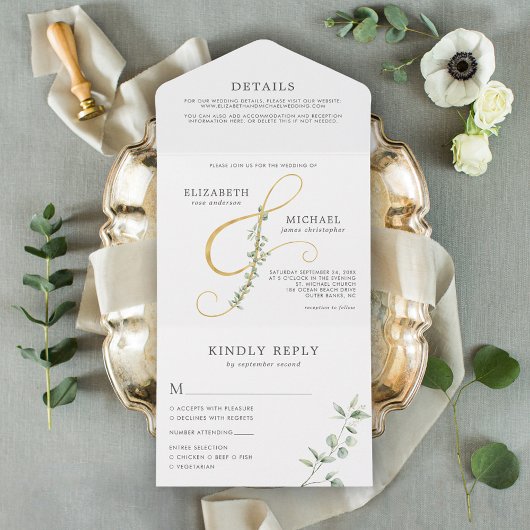 Invitation Tout En Un Elégant Eucalyptus Gold Ampersand Mariage