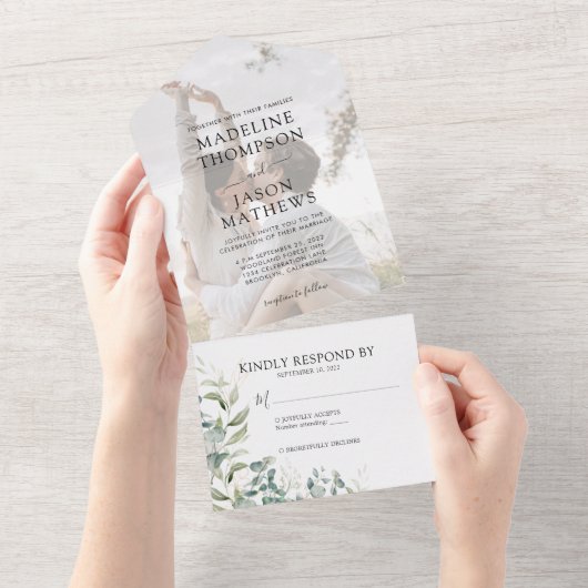 Invitation Tout En Un Elégant Eucalyptus Gold Greenery Mariage photo (Déchirure)