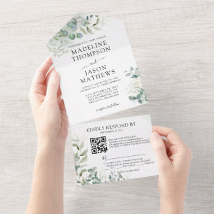 Invitation Tout En Un Elégant Eucalyptus Gold Greenery QR Code Mariage